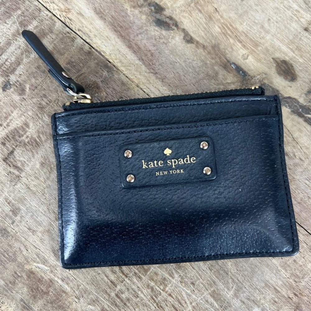 Kate Spade New York Black Leather Zip Card Holder Wallet Gold Hardware Logo